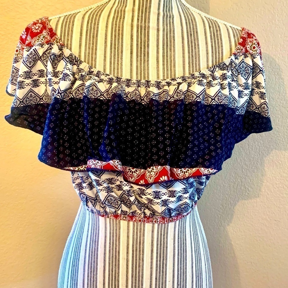 Topia Crop Top Medium Ruffled Flutter Sleeves Red White Navy Boho Off Shoulder